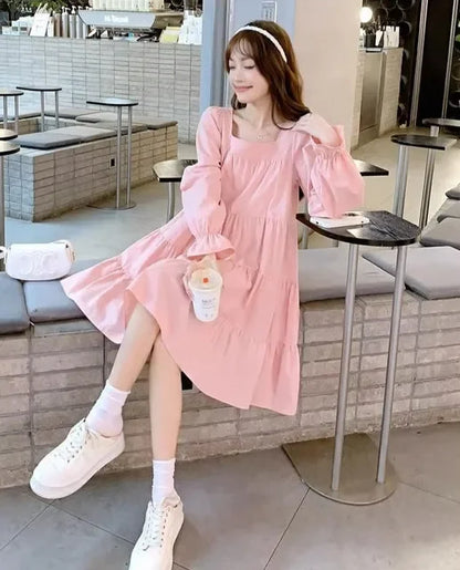 Women’s Pink Long Sleeve A-Line Dress – Elastic Waist, Casual, Party & Beach Style