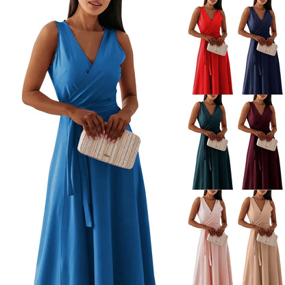 dresses for women elegant party dresses V-neck Sleeveless Belt Evening Dresses  Solid Color Solid Color dress vestidos femenino