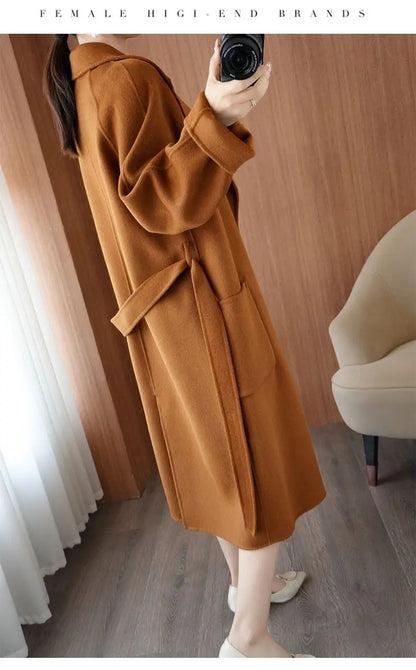 2024 Women's Wear 100% Wool Coat Autumn/Winter Fashion Temperament Double sided Cashmere Coats with Belt Elegant Long Overcoat