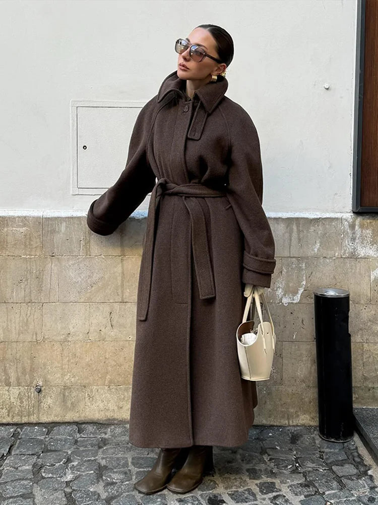 Elegant Woolen Women's Long Coat Long Sleeve Turn-down Single Breasted Female Overcoat 2025 Autumn Winter Chic Casual Lady Coats