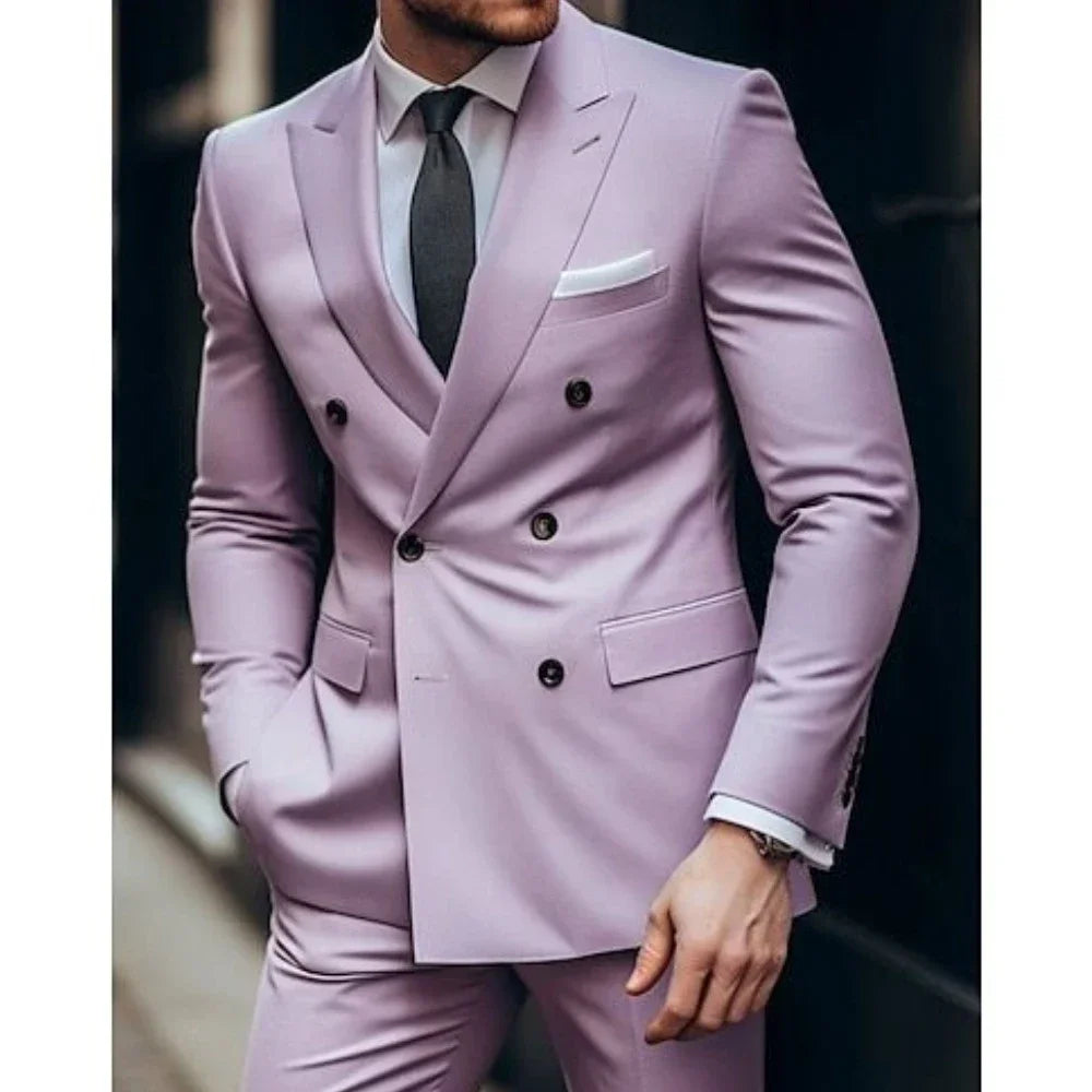 Men's Suits Solid 2 Pieces Plus Size Wedding Daily Business Formal Men Suits Tailored Silm Fit Double Breasted 6 Buttons