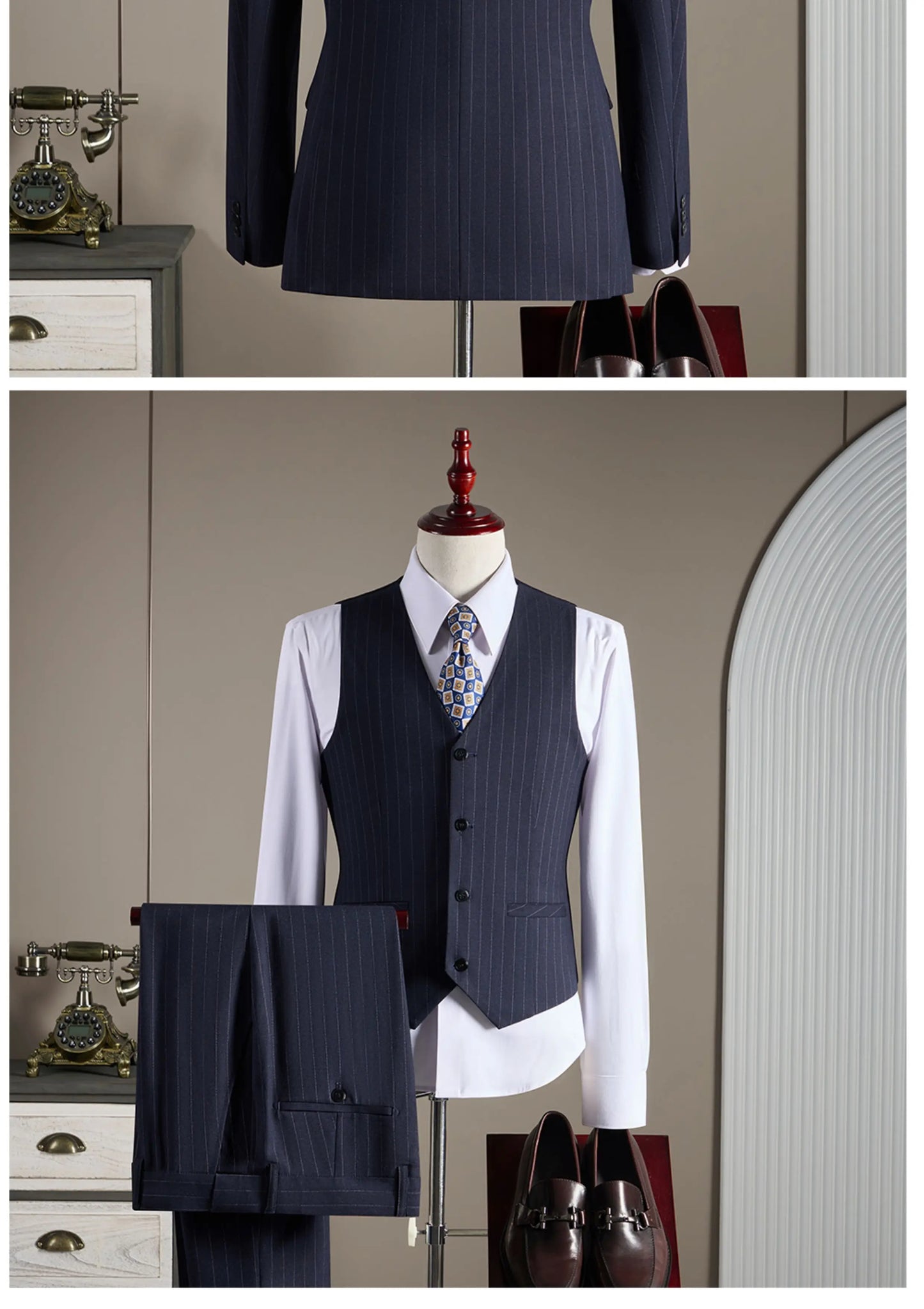 High-quality, fashionable and stylish British-style banquet striped suit set, men's three-piece business casual suit