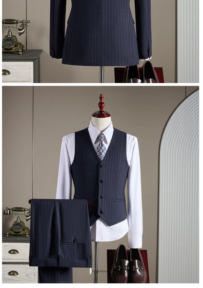 High-quality, fashionable and stylish British-style banquet striped suit set, men's three-piece business casual suit