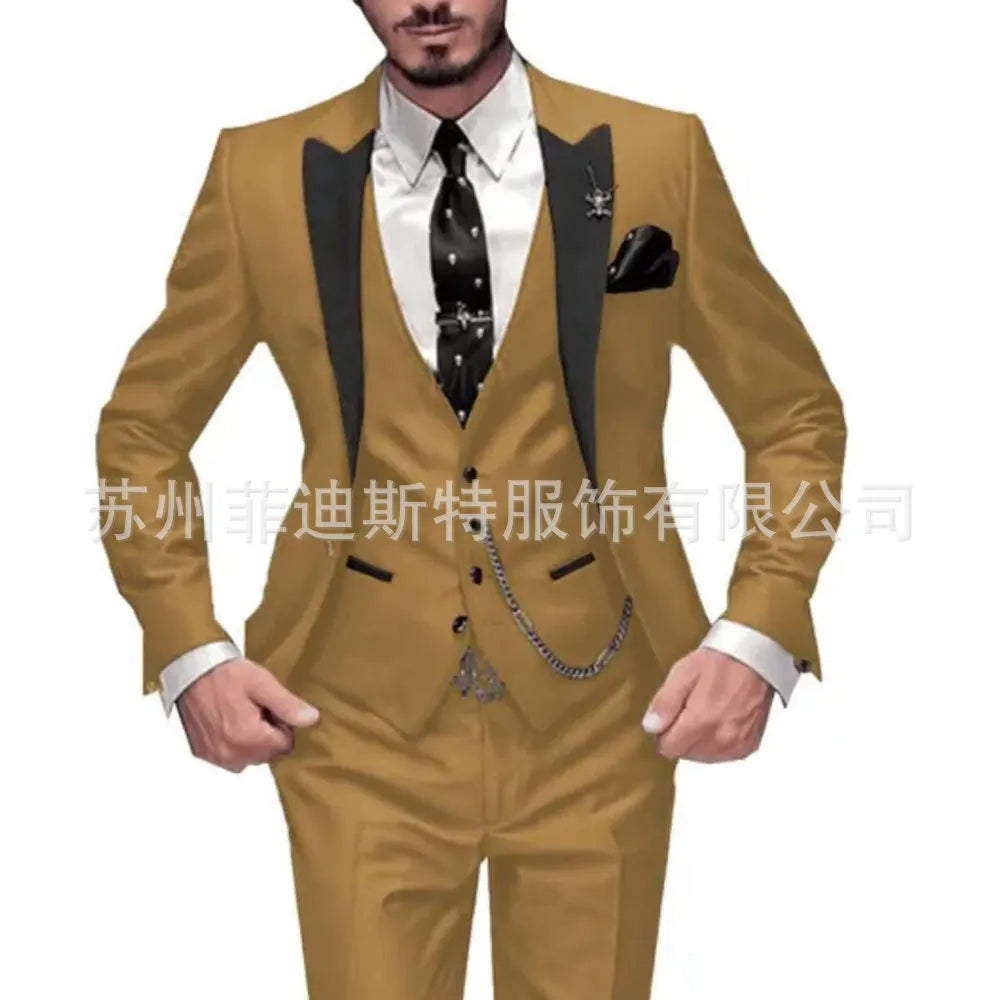 Fashion Men's 3piece Suit Sets Casual Trendy Business Solid Color Turn-down Collar Sngle Button Blazers Trousers Male Clothes