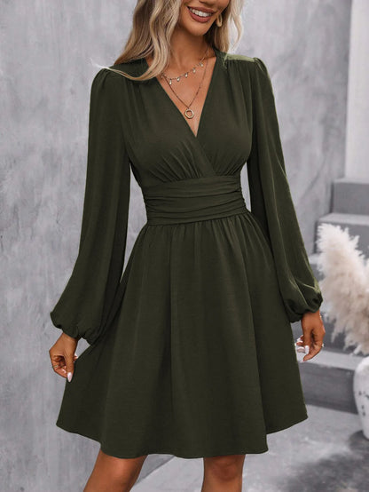 Dresses 2025 Woman Clothing V Neck Lantern Sleeve Wrap Mini Dress Ruched Waist Flowy Hem Elegant for Autumn and Party Styles ﻿