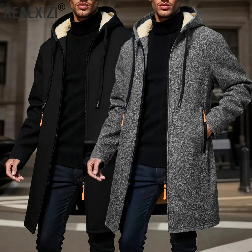 Winter Men's Long Overcoat Jackets Casual Hooded Cardigans Men Outwear Liner Thickened Warm Hoodies Oversize Winter Top Jacket