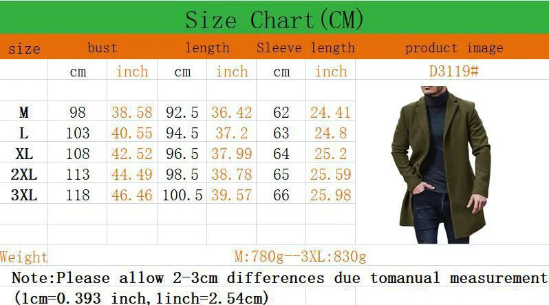 New Men's Coat Woolen Overcoat  Windbreaker Solid Color Trench Autumn and Winter Outerwear Cardigan Jaqueta Masculina