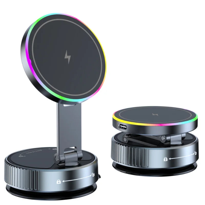 15W Vacuum Suction Magnetic Wireless Charger Car Phone Holder Mount 360 degree Rotatable Compatible with Smartphones for iPhone