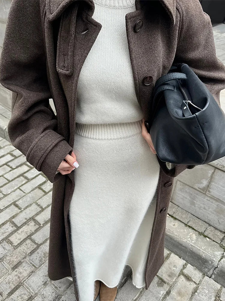 Elegant Woolen Women's Long Coat Long Sleeve Turn-down Single Breasted Female Overcoat 2025 Autumn Winter Chic Casual Lady Coats