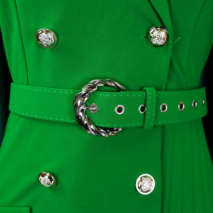 Women’s Elegant Notched Collar Dress, Long Sleeve Pleated Mid-Calf Dress with Waist Sash