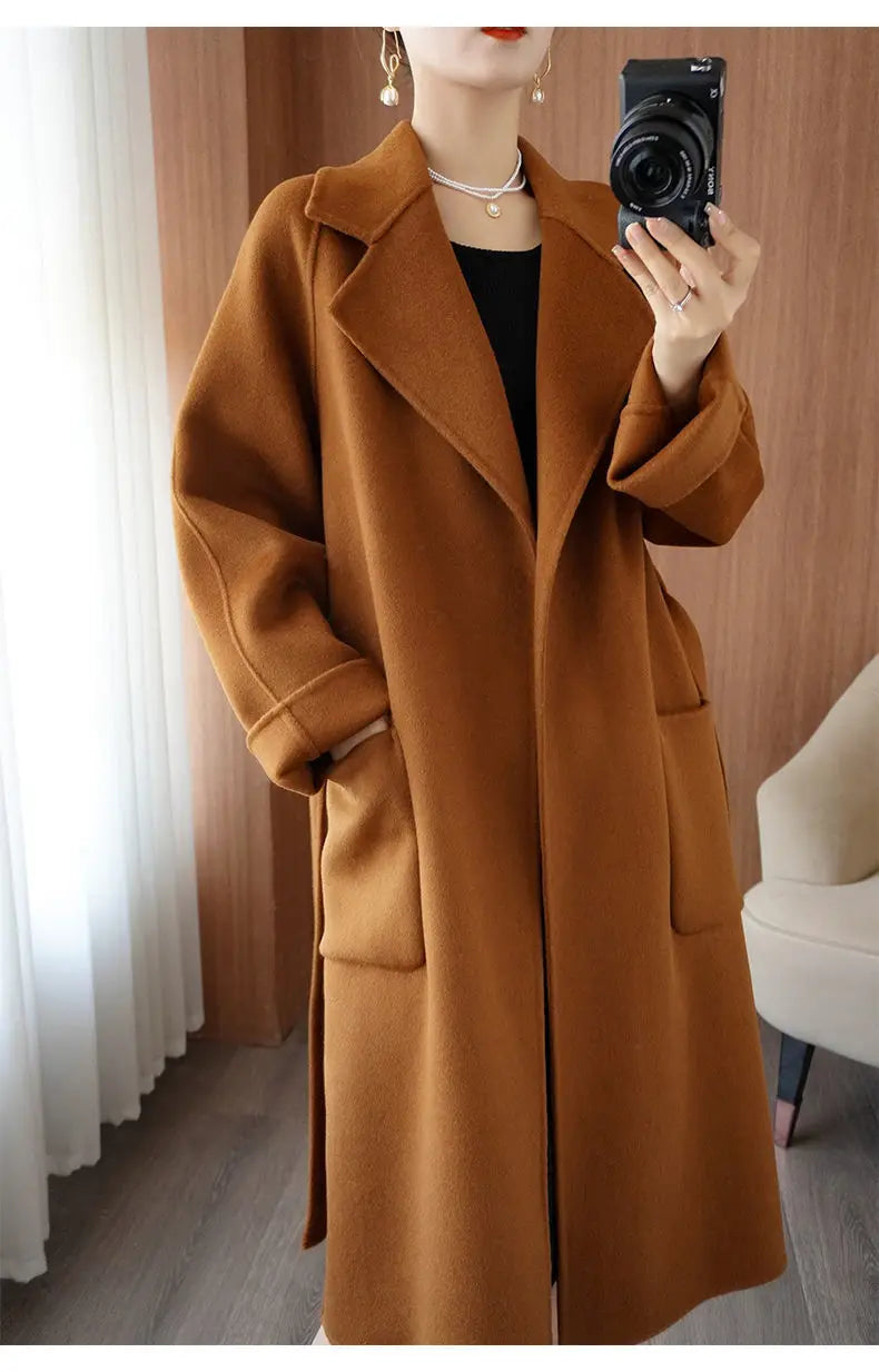 2024 Women's Wear 100% Wool Coat Autumn/Winter Fashion Temperament Double sided Cashmere Coats with Belt Elegant Long Overcoat