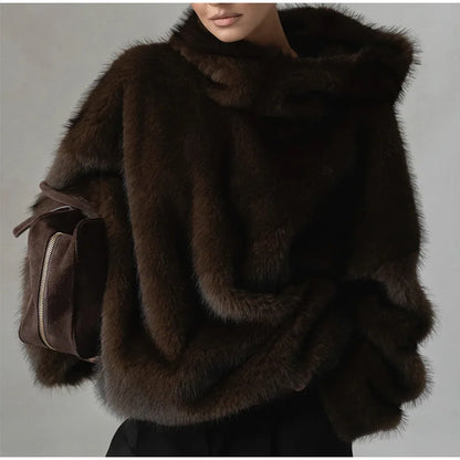 Fashion Furry Hooded Faux Fur Coats Women's Loose Long Sleeve Brown Warm Pullovers 2025 Autumn Winter Lady Casual Outwear