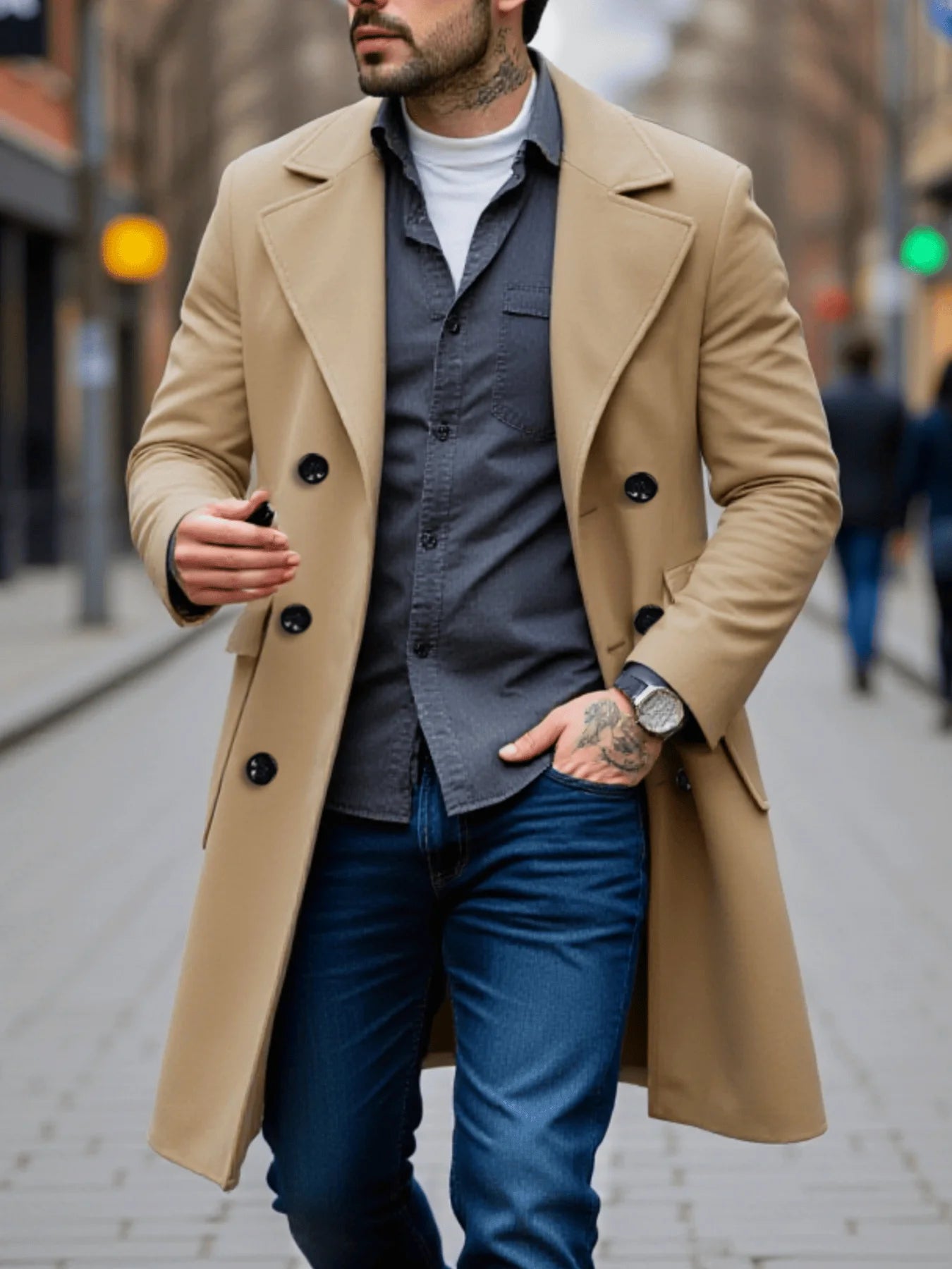 New Style Men's  Overcoat Double-Breasted Woolen Jacket: Thickened Lined Coats For Winter Chill Protection - Solid Color