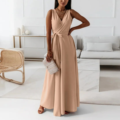 dresses for women elegant party dresses V-neck Sleeveless Belt Evening Dresses  Solid Color Solid Color dress vestidos femenino