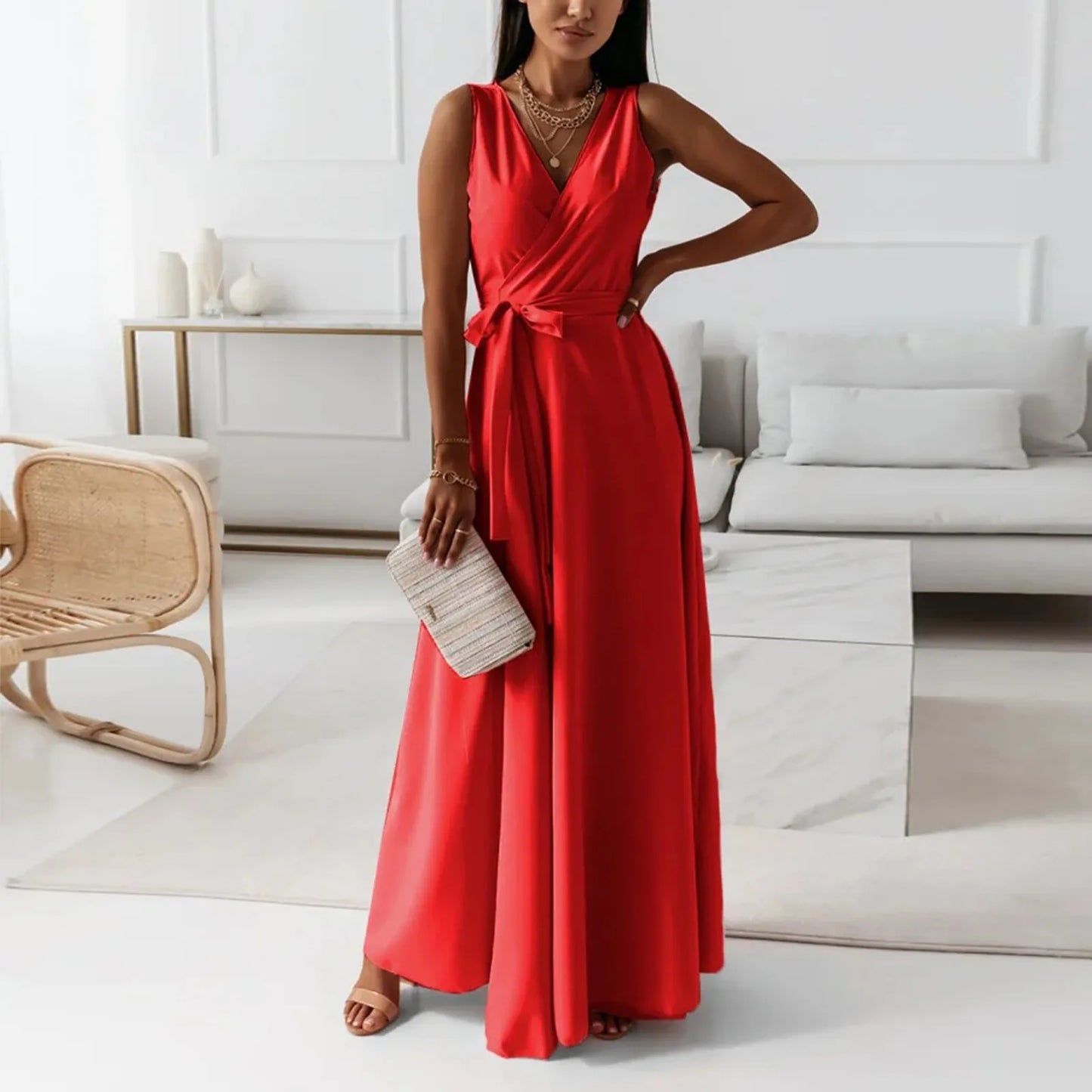 dresses for women elegant party dresses V-neck Sleeveless Belt Evening Dresses  Solid Color Solid Color dress vestidos femenino