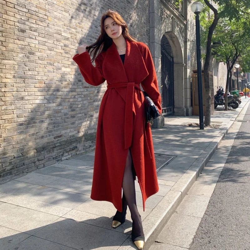 100% Wool Coat Women's Wear 2025 Autumn/Winter Fashion Temperament Double sided Cashmere Coats with Belt Elegant Long Overcoat