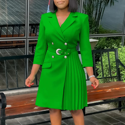 Women’s Elegant Notched Collar Dress, Long Sleeve Pleated Mid-Calf Dress with Waist Sash