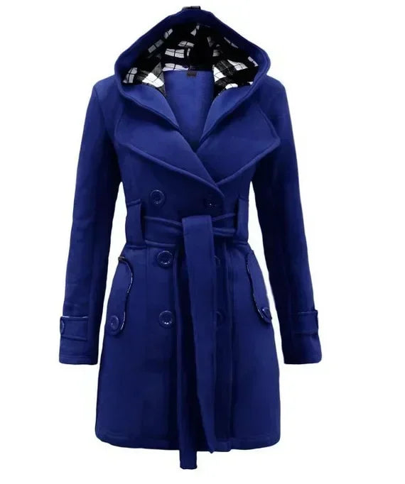 2025 Autumn Women's Hooded Overcoat Trend Double-Breasted Design Belt Side Pockets Plaid Splice Woolen Coats Winter Jacket Femme
