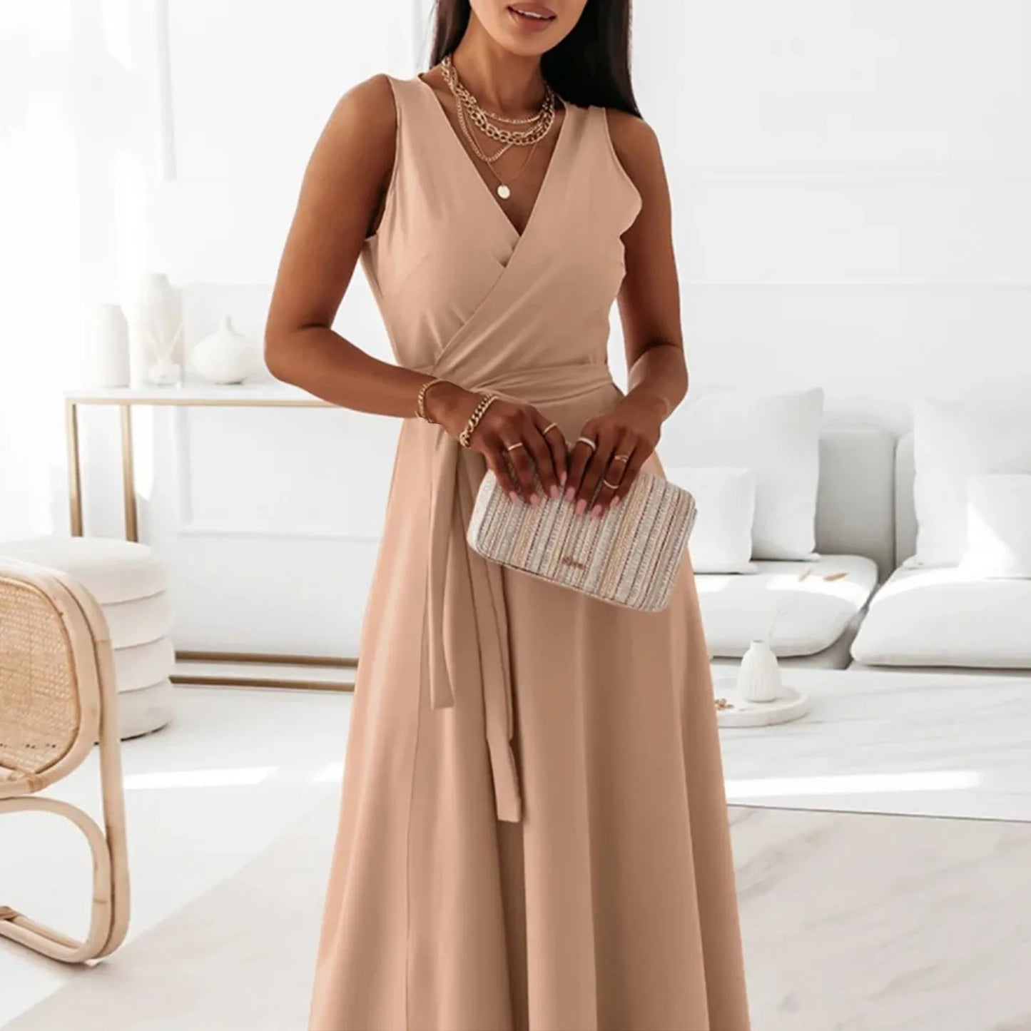 dresses for women elegant party dresses V-neck Sleeveless Belt Evening Dresses  Solid Color Solid Color dress vestidos femenino