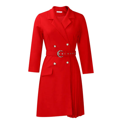 Women’s Elegant Notched Collar Dress, Long Sleeve Pleated Mid-Calf Dress with Waist Sash