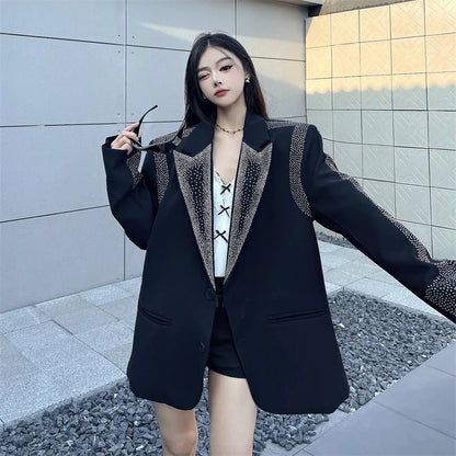 Women's BF Oversize Coats Loose Casual Single-Breasted Retro Beaded Jacket Office Lady Outerwear Autumn Winter