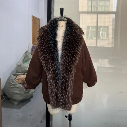 Oversized Winter Women's Coat Wide Faux Fur Collar Hooded Jackets Loose Single Breasted Outwears 2025 New Trendy Warm Lady Coats