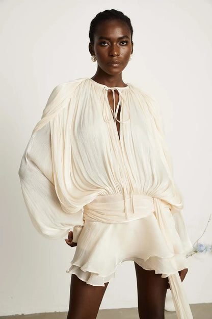 Dresses For Woman French Vestidos Elegant Puff Sleeve Dress Fashionable Loose Lace-up Solid Color Leace-up Simple Style Trendy