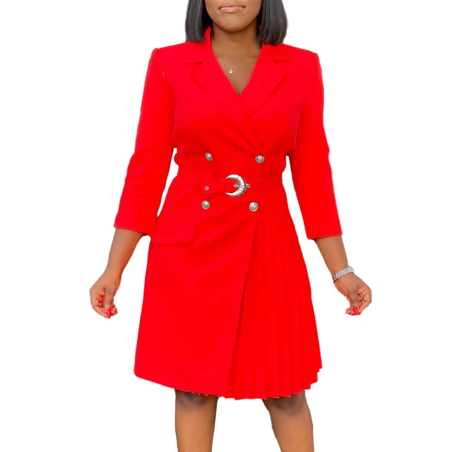 Women’s Elegant Notched Collar Dress, Long Sleeve Pleated Mid-Calf Dress with Waist Sash