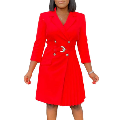 Women’s Elegant Notched Collar Dress, Long Sleeve Pleated Mid-Calf Dress with Waist Sash