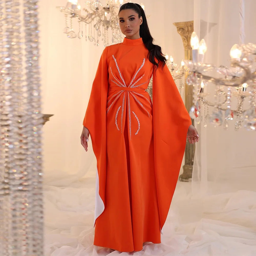 DubaiWomen's Evening Dresses Jersey Sheath/Column Celebrity Dress Orange Turtleneck Beads Pearls Special Occasion Dresses Maxi