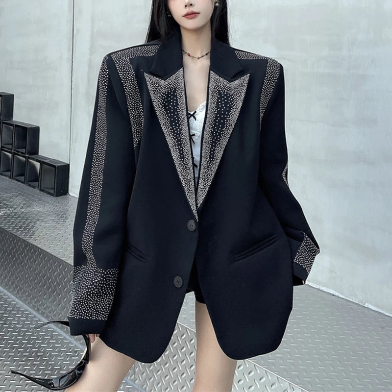 Women's BF Oversize Coats Loose Casual Single-Breasted Retro Beaded Jacket Office Lady Outerwear Autumn Winter