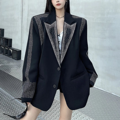 Women's BF Oversize Coats Loose Casual Single-Breasted Retro Beaded Jacket Office Lady Outerwear Autumn Winter