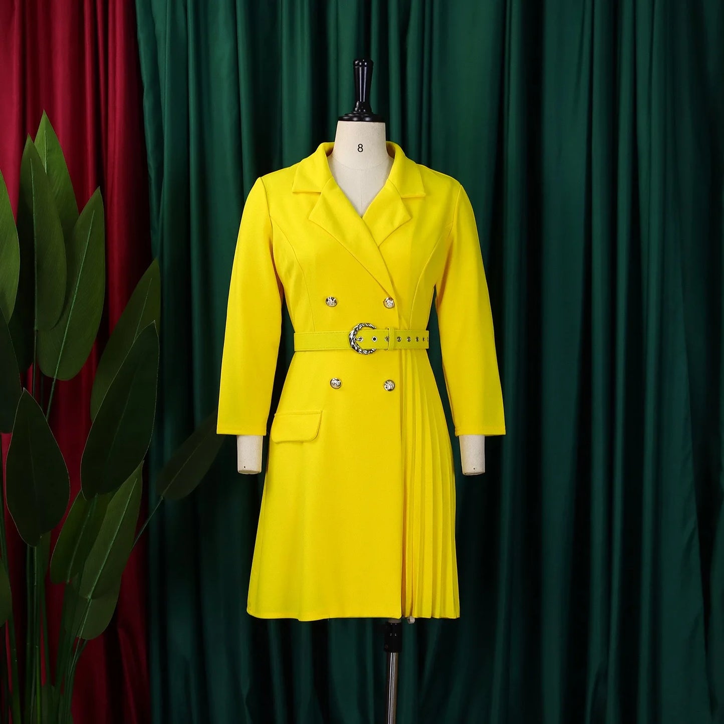 Women’s Elegant Notched Collar Dress, Long Sleeve Pleated Mid-Calf Dress with Waist Sash