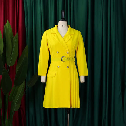 Women’s Elegant Notched Collar Dress, Long Sleeve Pleated Mid-Calf Dress with Waist Sash