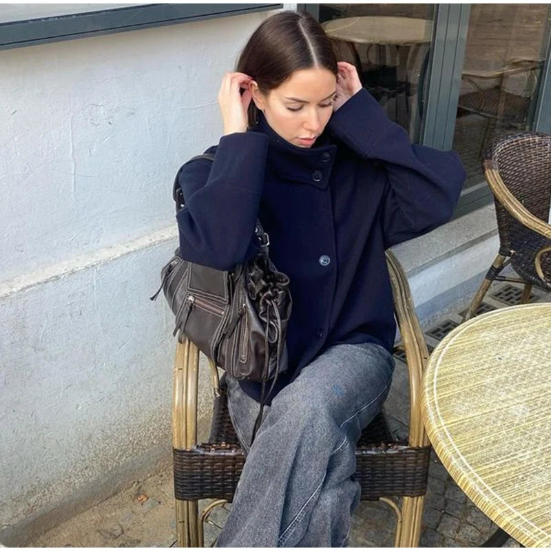 Casual Women's Woolen Blend Coats Women Stand Collar Single-breasted Long Sleeve Thick Warm Jacket 2025 Autumn New in Outwear