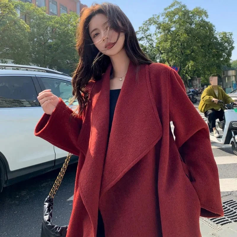 100% Wool Coat Women's Wear 2025 Autumn/Winter Fashion Temperament Double sided Cashmere Coats with Belt Elegant Long Overcoat