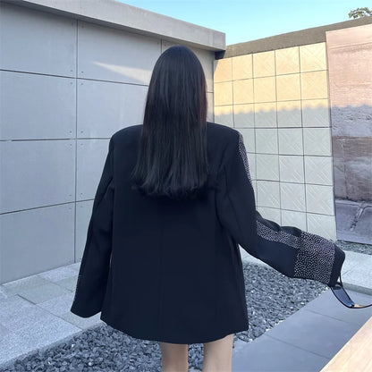 Women's BF Oversize Coats Loose Casual Single-Breasted Retro Beaded Jacket Office Lady Outerwear Autumn Winter