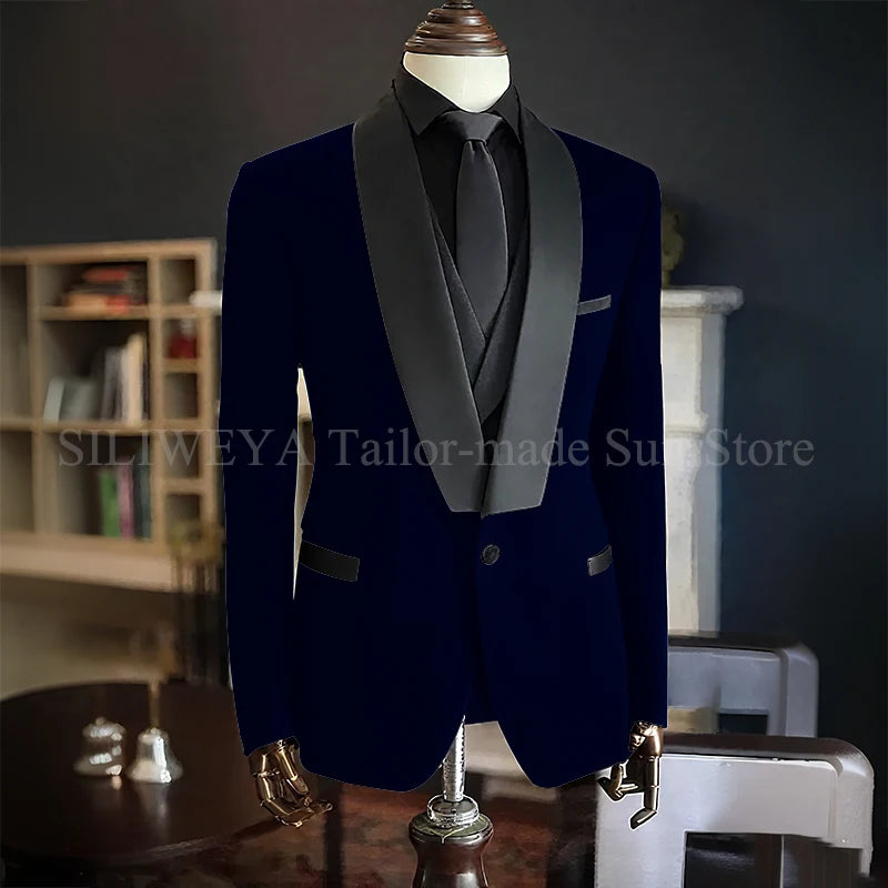 Men Suits High Quality Black Velvet 3 Piece Jacket Pants Vest Elegant Blazer Luxury Outfits Wedding Evening Party Costume Homme