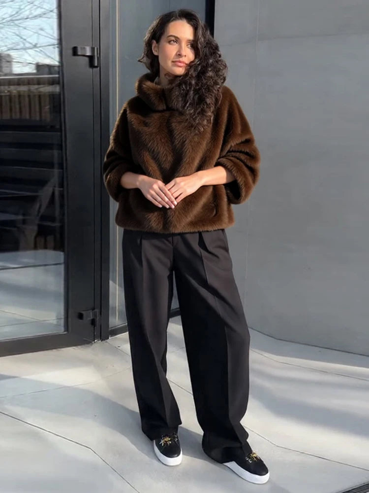 Fashion Furry Hooded Faux Fur Coats Women's Loose Long Sleeve Brown Warm Pullovers 2025 Autumn Winter Lady Casual Outwear