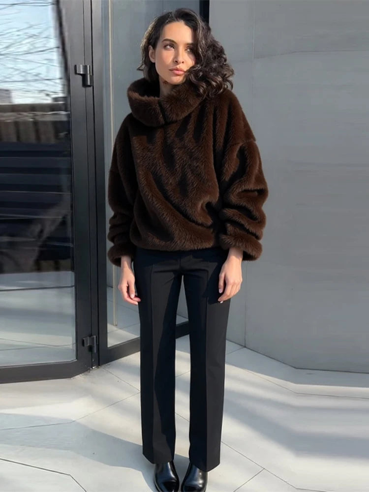 Fashion Furry Hooded Faux Fur Coats Women's Loose Long Sleeve Brown Warm Pullovers 2025 Autumn Winter Lady Casual Outwear