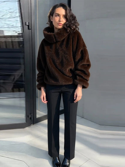 Fashion Furry Hooded Faux Fur Coats Women's Loose Long Sleeve Brown Warm Pullovers 2025 Autumn Winter Lady Casual Outwear