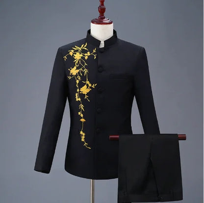 2025 New Men's Chinese Style Applique Suits Slim Fit Flower Set Male Wedding Prom Party Dress Blazers Jacket and Pants