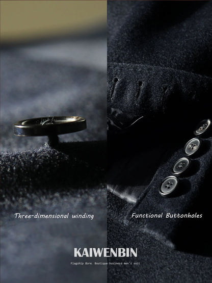 Men's Overcoat Warm Thick 100% Wool Double Breasted Navy Blue Slim Fit Luxury Business Long Coat Custom