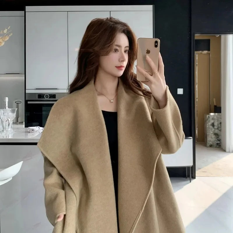 100% Wool Coat Women's Wear 2025 Autumn/Winter Fashion Temperament Double sided Cashmere Coats with Belt Elegant Long Overcoat