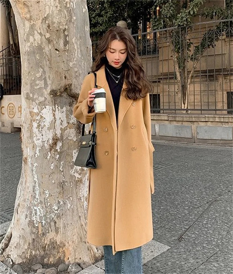 100% Wool Coat Women's Wear 2024 Autumn/Winter Fashion Temperament Double sided Cashmere Coats with Belt Elegant Long Overcoat