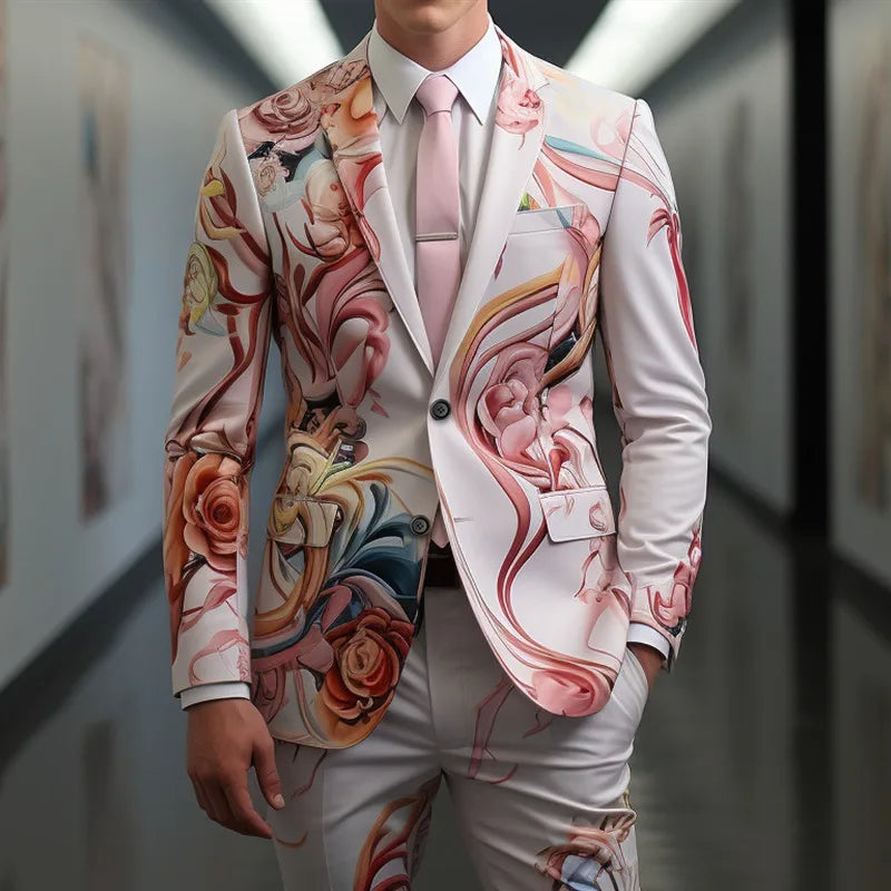 Men's Casual Suits Coat Trousers Digital Printing Exquisite Rose Flower Suit Cosplay Party Stage Nightclub Performance Costume
