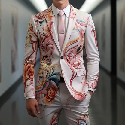 Men's Casual Suits Coat Trousers Digital Printing Exquisite Rose Flower Suit Cosplay Party Stage Nightclub Performance Costume
