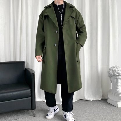 Mens Hooded Long Woolen Coats Oversized Solid Color Winter Windbreaker Korean Style Casual Outwear
