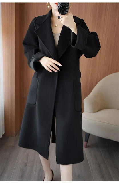 2024 Women's Wear 100% Wool Coat Autumn/Winter Fashion Temperament Double sided Cashmere Coats with Belt Elegant Long Overcoat
