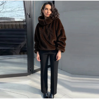 Fashion Furry Hooded Faux Fur Coats Women's Loose Long Sleeve Brown Warm Pullovers 2025 Autumn Winter Lady Casual Outwear